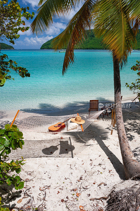 热带海滩上的棕榈树下，吊床和吉他