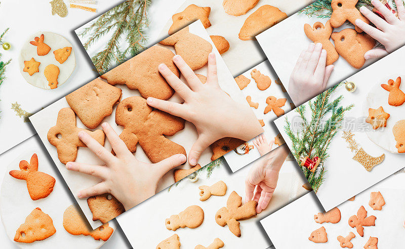 桌子上有姜饼饼干的拼贴画。新年和圣诞节烤姜饼的传统。