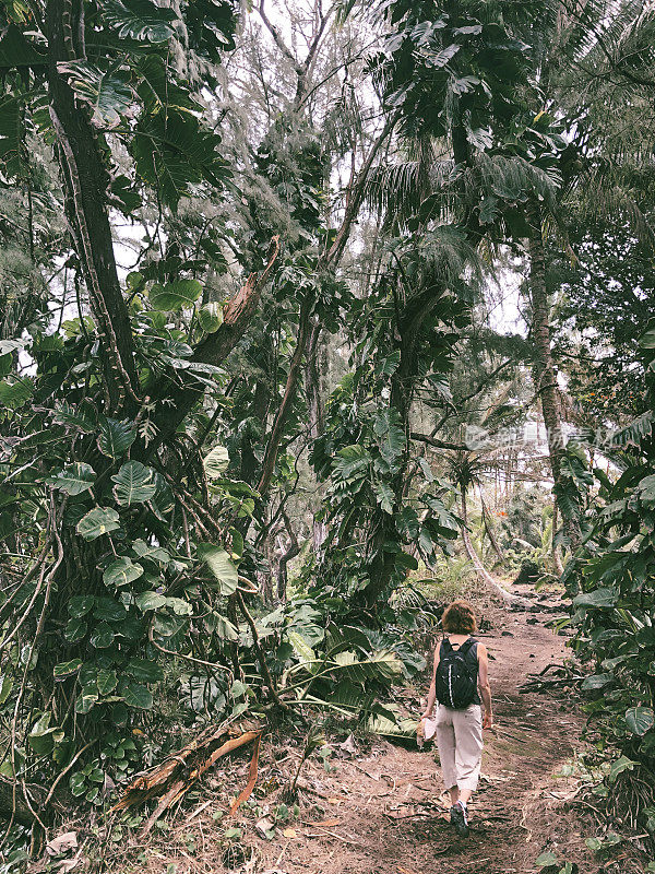 女人徒步旅行在普纳小径夏威夷大岛
