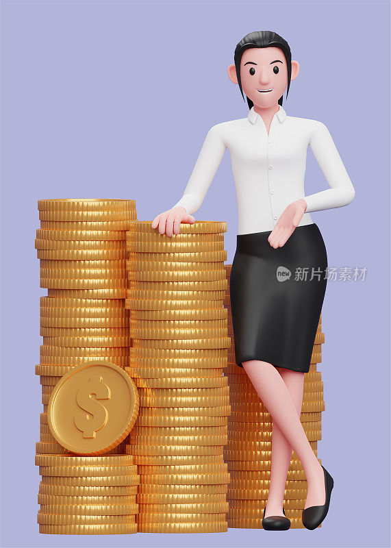 聪明的女孩穿着白衬衫和黑裙子站在交叉的腿和靠在一堆硬币