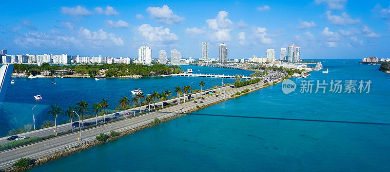佛罗里达州迈阿密晴朗无云的早晨，比斯坎湾海滨住宅和办公楼的鸟瞰图。