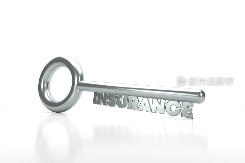 保险的关键。银色钥匙，白色背景上写着保险。