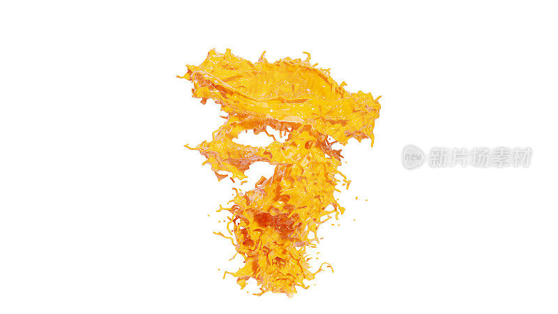 橙汁龙卷风，3d渲染。逼真的果汁或苏打水漩涡。漩涡橙汁或菠萝汁孤立在白色背景
