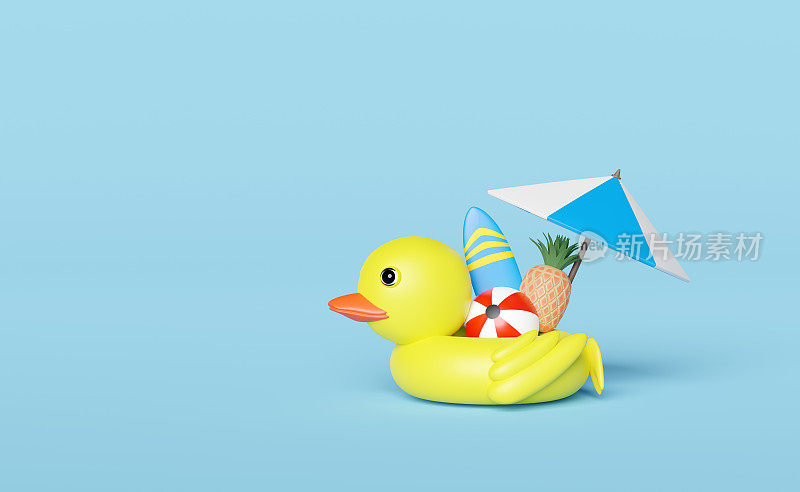 黄色充气鸭与雨伞，球，菠萝，冲浪板孤立在蓝色，抽象的背景。夏季旅游概念，3d插图或3d渲染