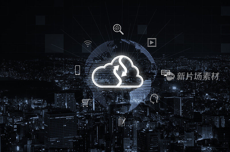 云计算图标与虚拟世界和技术图标在城市景观的云技术传输数据信息和上传下载应用程序。技术改造理念。