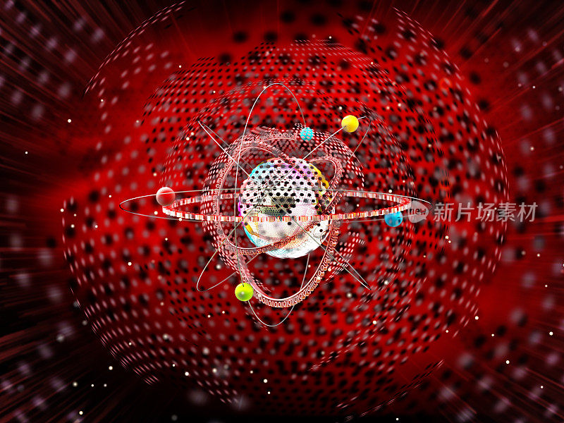 摘要红色背景上的量子比特或亚原子粒子图示。量子计算概念。