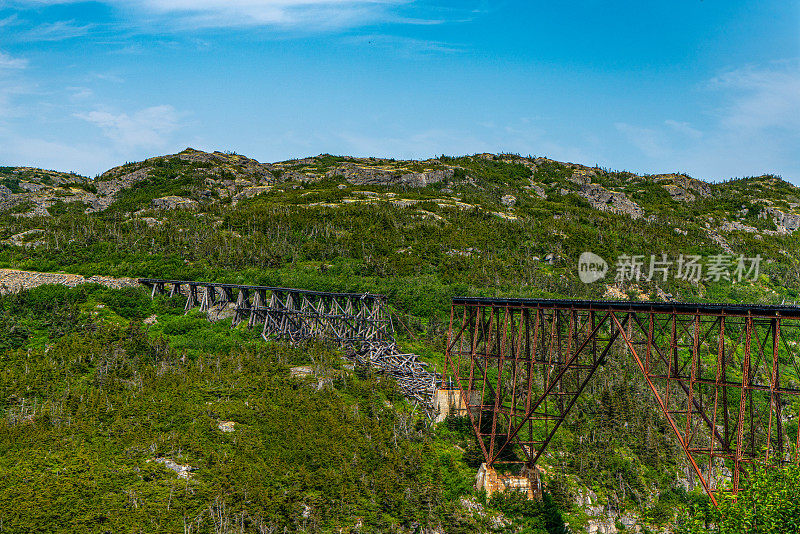 倒塌和废弃的桥梁，白口山顶游览火车在山区，阿拉斯加，美国。