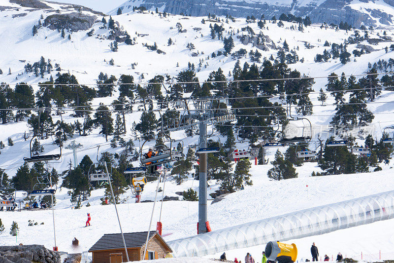 法国阿雷特滑雪胜地的滑雪斜坡缆车和透明隧道。滑雪和单板滑雪。