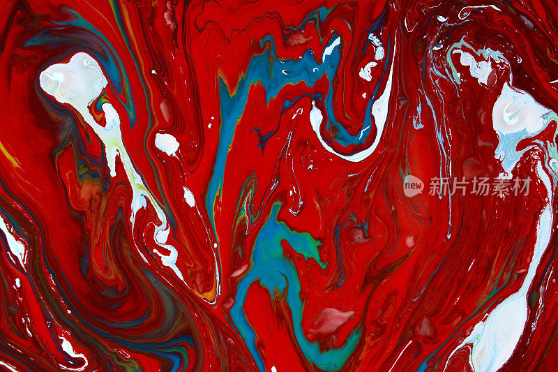 抽象的油漆颜色背景。系外行星宇宙海洋图案，油漆污渍。大理石花纹的效果。背景与抽象旋转油漆效果。液体丙烯图片与流动和飞溅。混合