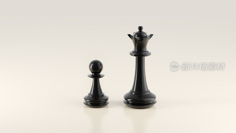 选择、挑战和伙伴关系的概念。黑色棋子皇后和兵在干净的米色背景