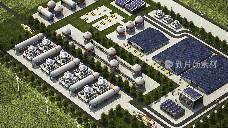 一个工业设施的鸟瞰视频，有太阳能电池板，风力涡轮机，储罐和仓库。