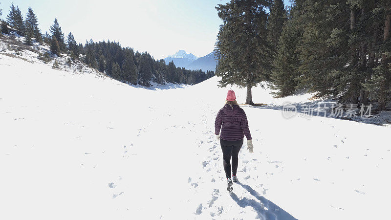 成熟的夫妇走在雪山小路上