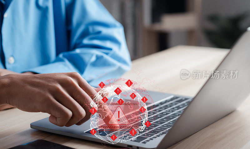 系统警告计算机网络受到网络攻击后发出的黑客警告。检测网络威胁，黑客，计算机病毒和恶意软件。