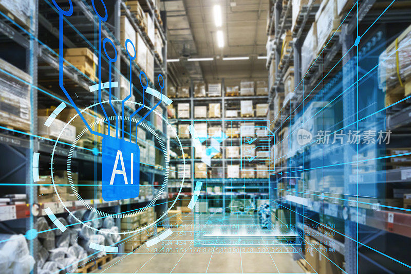 仓库管理与自动化机器人，仓储和技术连接。在产品管理中使用自动化，在工作中使用人工智能系统