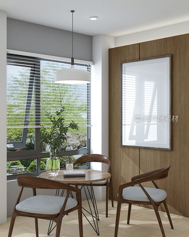 模拟海报框架在一个现代的当代风格的内部。白墙、扶手椅、木地板和自然光。三维渲染