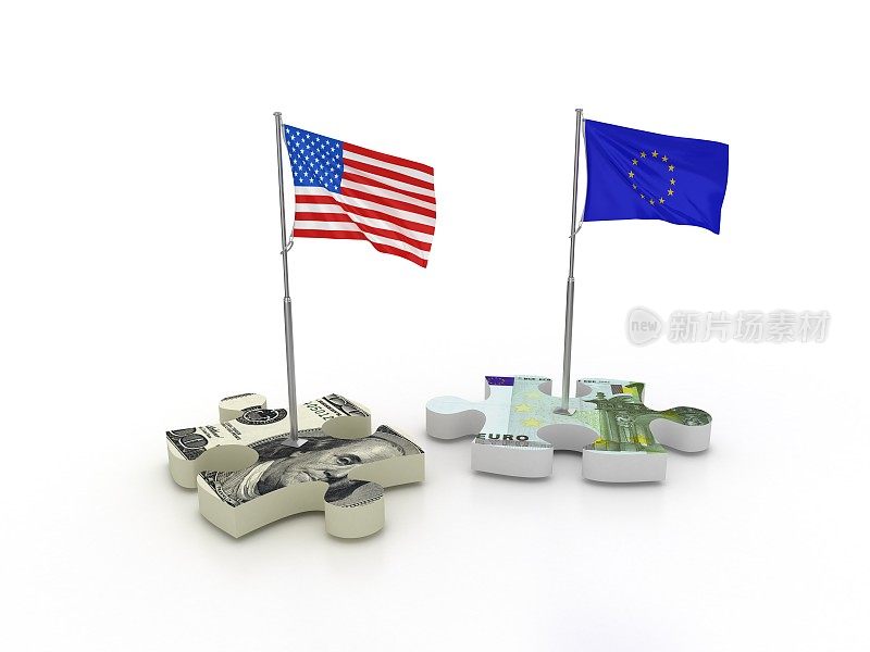 美元和欧元拼图与美国和欧盟旗帜