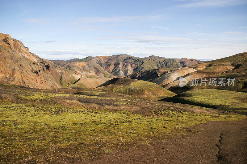 冰岛Laugevegur步道起点的Landmannalaugar周围起伏的、色彩斑斓的山脉