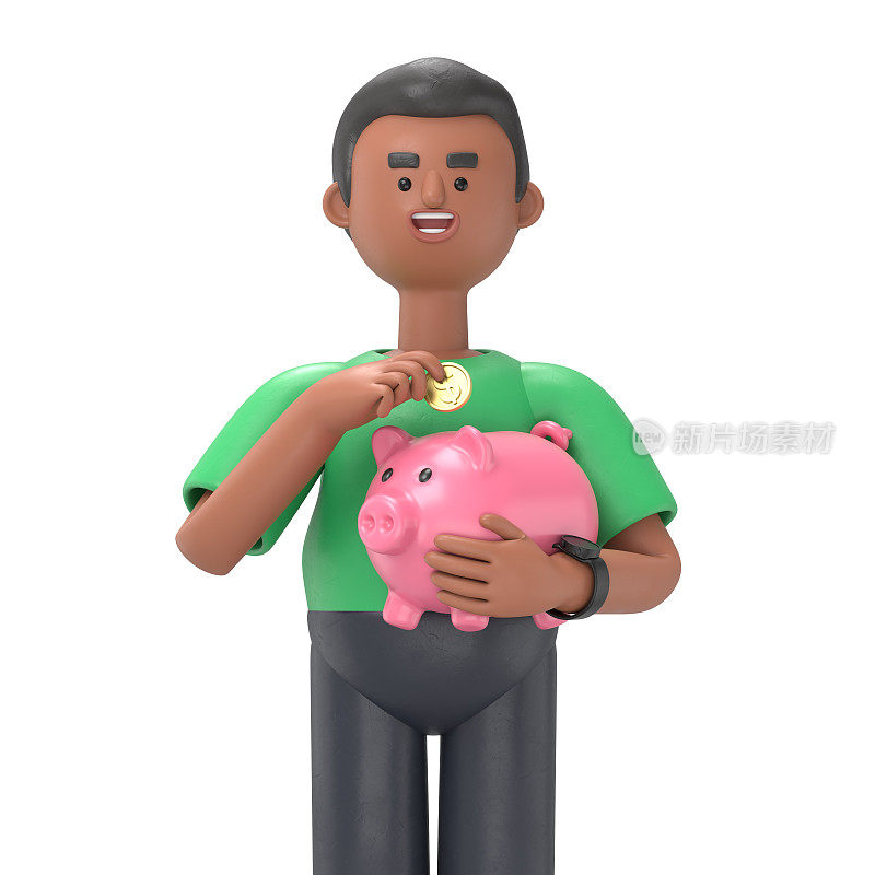 三维插图英俊的非洲人大卫持有一个存钱罐。存钱的概念。动画风格的3D插图。白色背景的3D渲染