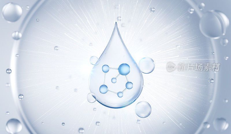 化妆品保湿水分子，化妆品精华液，液体泡泡，液体泡泡背景中的分子。