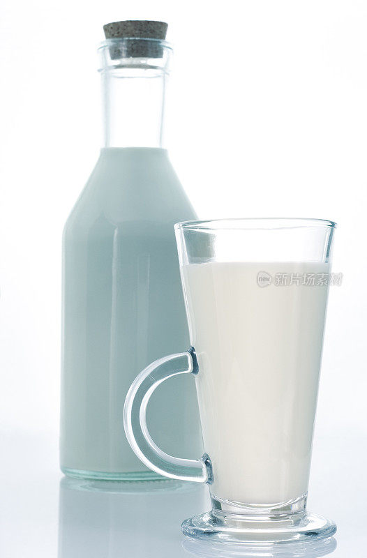 蓝色调的瓶装和马克杯牛奶。