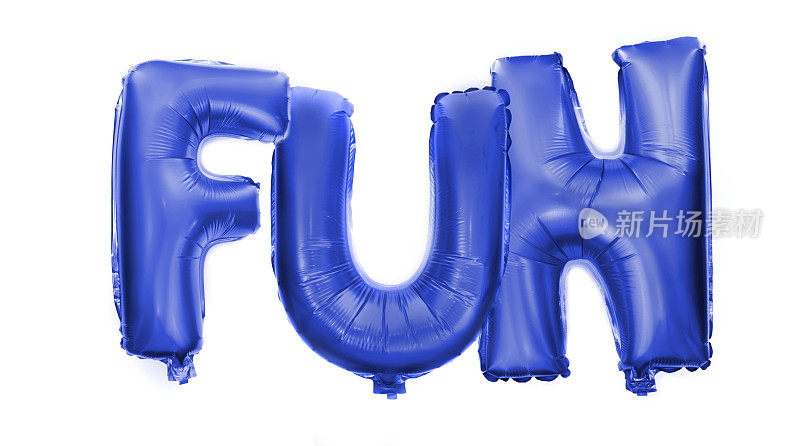 “乐趣”这个词是用蓝色的铝箔气球字母写的