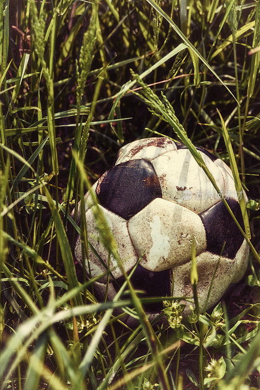 长草中的旧旧的老式足球