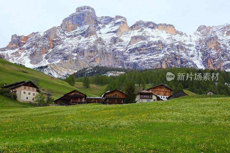 高山村庄:白云石尖峰，苏迪罗尔景观全景