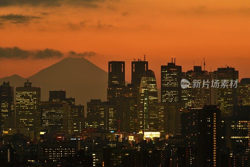 富士山和东京的天际线:白天和晚上