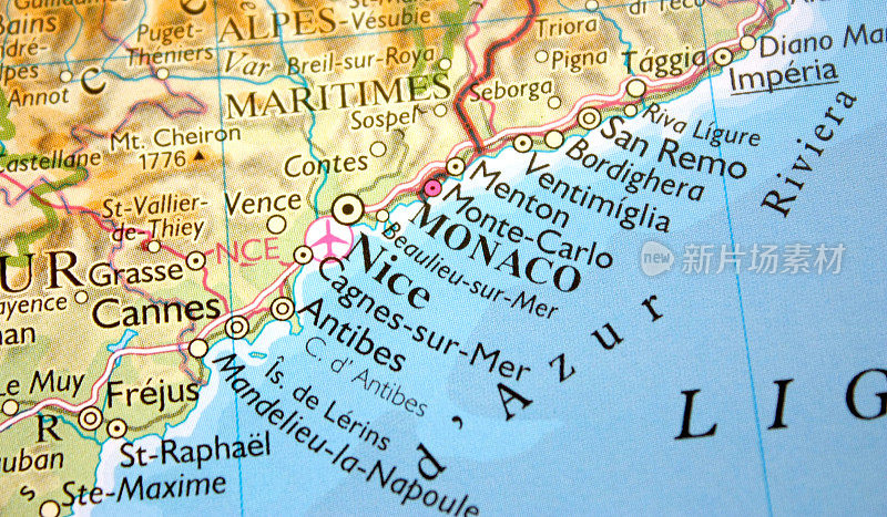 地图显示摩纳哥，尼斯和蔚蓝海岸