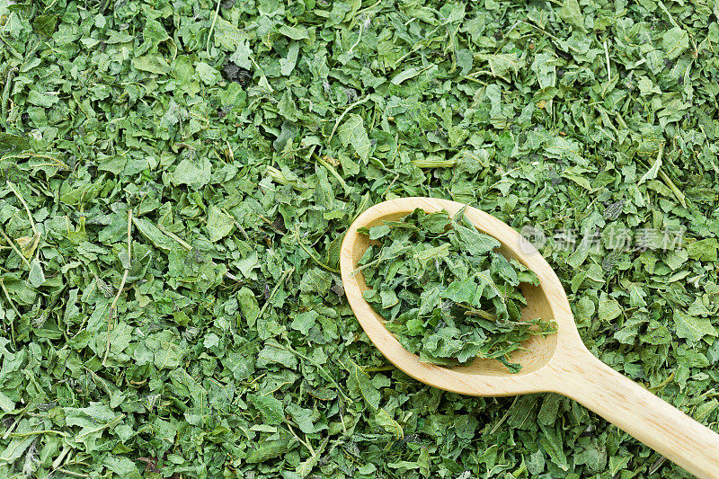 绿色干燥的普通荨麻叶子在木勺上制作热草药茶