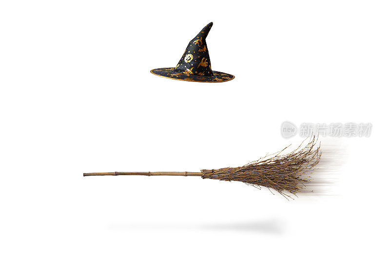 万圣节女巫的帽子和扫帚隔离