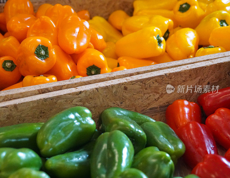 五颜六色的红橙绿黄有机辣椒篮子在跳蚤市场