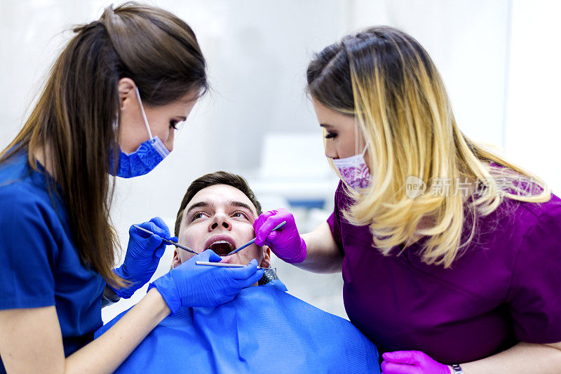 治疗病人牙齿的牙医和牙科助手