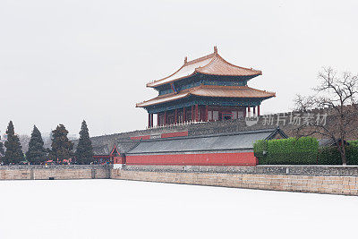 中国北京，紫禁城，雪花飞舞