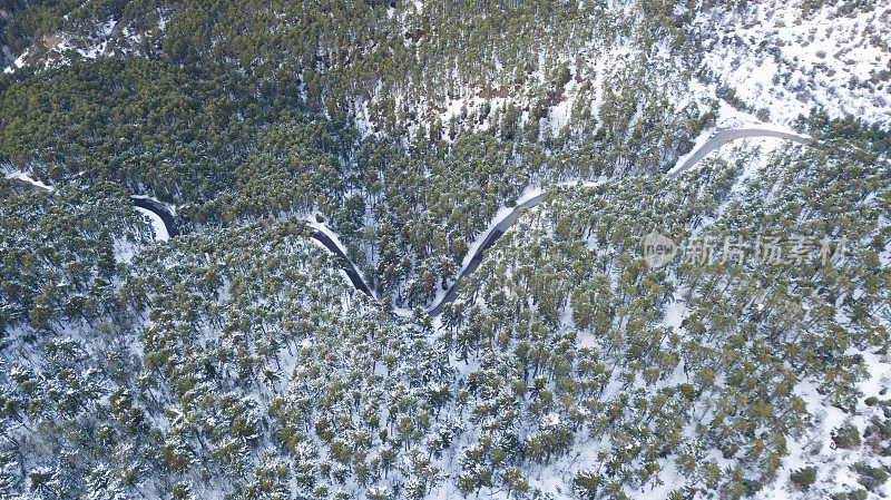 在恶劣天气下，俯视图无人机在弯曲的道路、风山和覆盖着积雪的森林上空飞行。