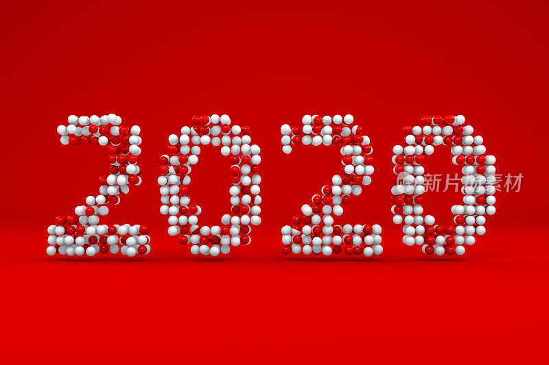 2020年新年闪亮的红色和白色球体