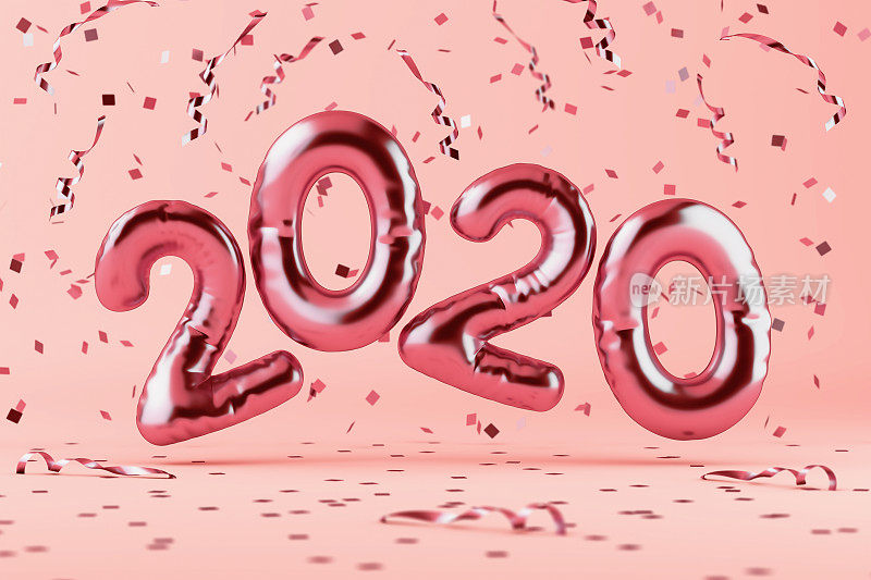 2020年新年庆祝活动。粉色铝箔气球数字2020