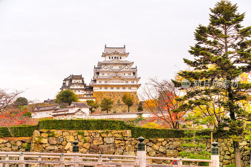 姬路城堡，又名白鹭城堡，位于日本的秋季。