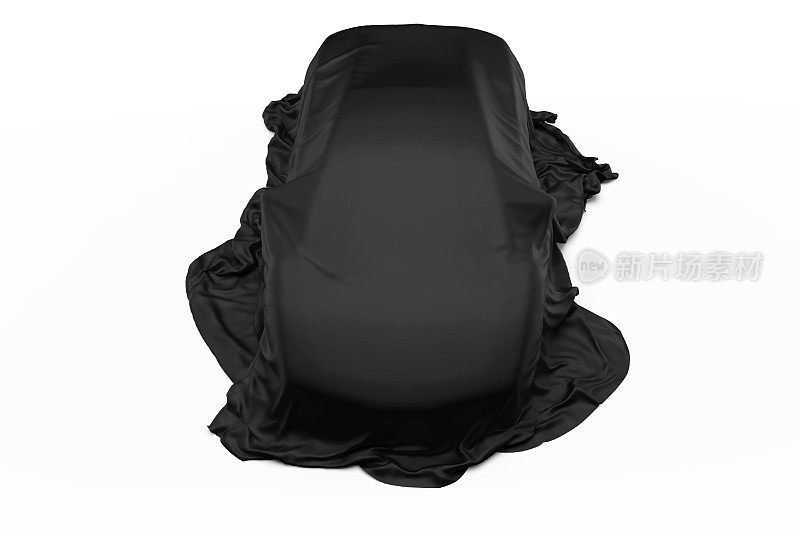 3d黑色织物，覆盖跑车孤立在白色背景，新车展示库存照片