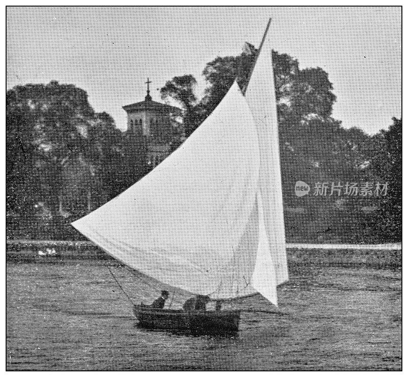 19世纪运动、运动员和休闲活动的老式黑白照片:在泰晤士河上游航行的船只