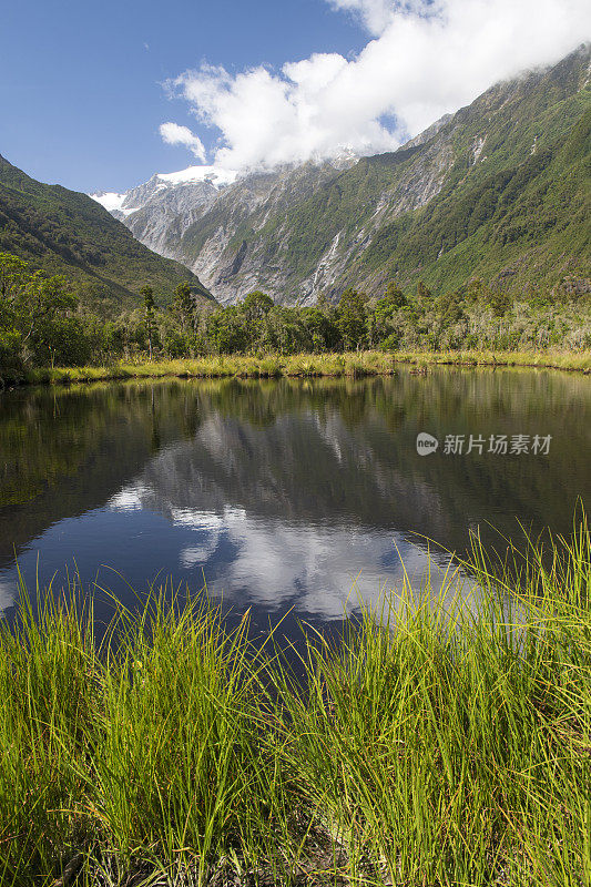 在弗朗茨约瑟夫冰川彼得斯池塘的倒影