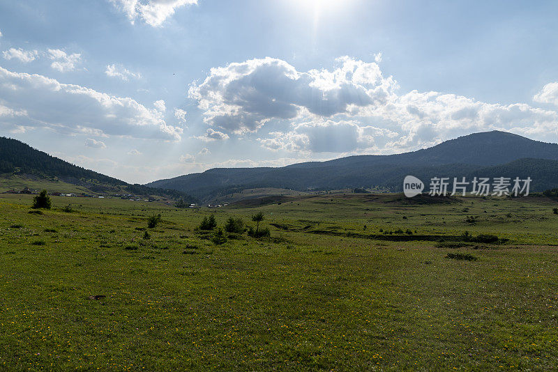 丘陵高原表面覆盖着草地和森林，无人机拍摄