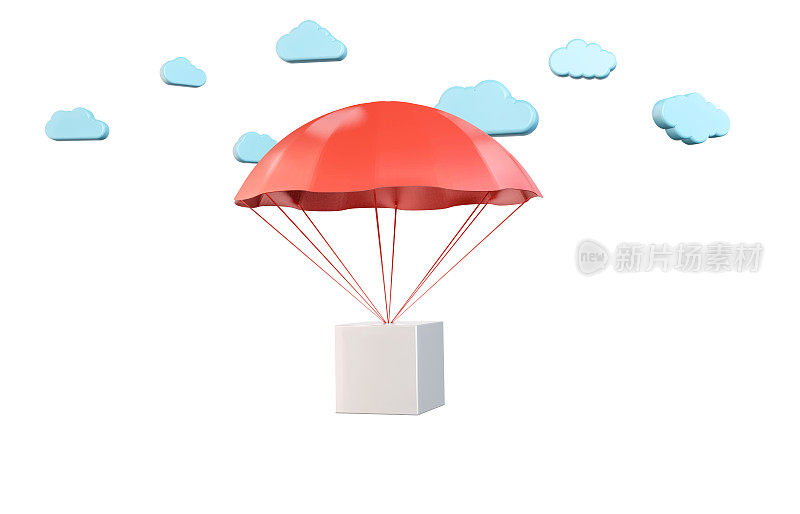 降落伞使箱子落下。3D抽象交付和折扣概念。