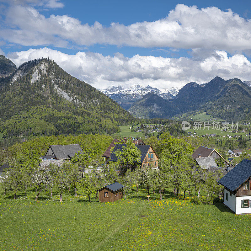 奥地利阿尔卑斯山全景前的山村和农场，萨尔茨卡默古特，奥地利Ausseerland