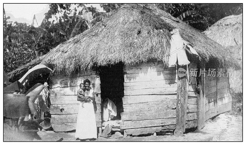 古董黑白照片:咖啡采摘者的小屋和家庭，瓜纳博，波多黎各
