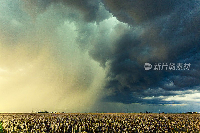 壮观的背光大雨和冰雹轴从严重的超级单体雷暴收获的作物