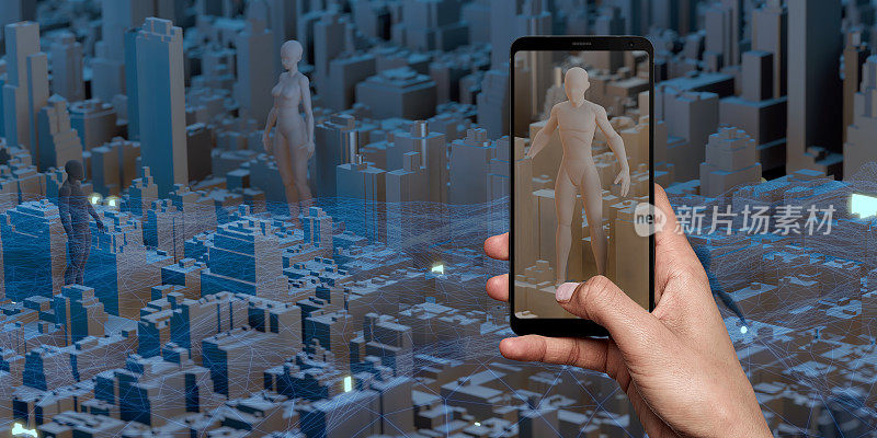 元宇宙世界在智能手机屏幕上展示一个模拟城市的人在虚拟世界的3d插图