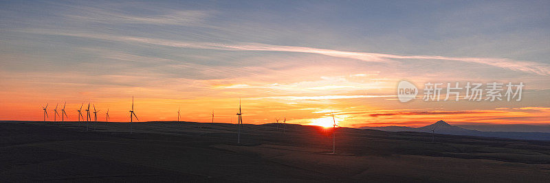 俄勒冈州风力涡轮机在日落的鸟瞰图