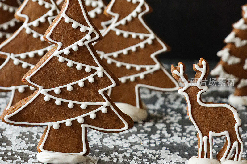 自制的特写图像，用白色皇家糖霜装饰的姜饼圣诞树饼干显示在白雪中，夜晚圣诞森林场景与驯鹿，黑色的背景