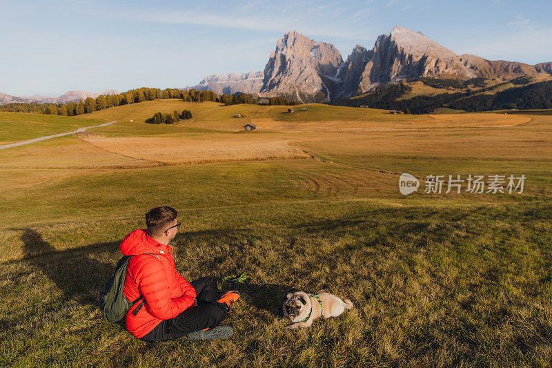 男性旅行者和他的狗在阿尔卑斯山的白云石山脉凝视日落的后视图